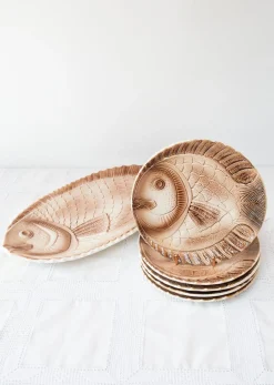 Fisch Servierset mit Platte & Teller von Sarreguemines, 1960er, 6er Set