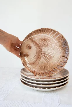 Fisch Servierset mit Platte & Teller von Sarreguemines, 1960er, 6er Set