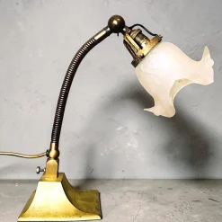Flexible Jugendstil Tischlampe aus Messing mit Schwanenhals & Glas, 1950er