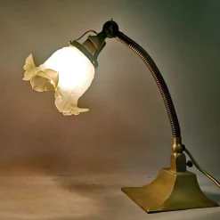 Flexible Jugendstil Tischlampe aus Messing mit Schwanenhals & Glas, 1950er