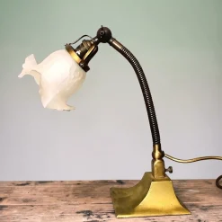 Flexible Jugendstil Tischlampe aus Messing mit Schwanenhals & Glas, 1950er