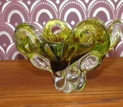Flower Murano Glas Schale in Grün Gelb Braun, 1960er