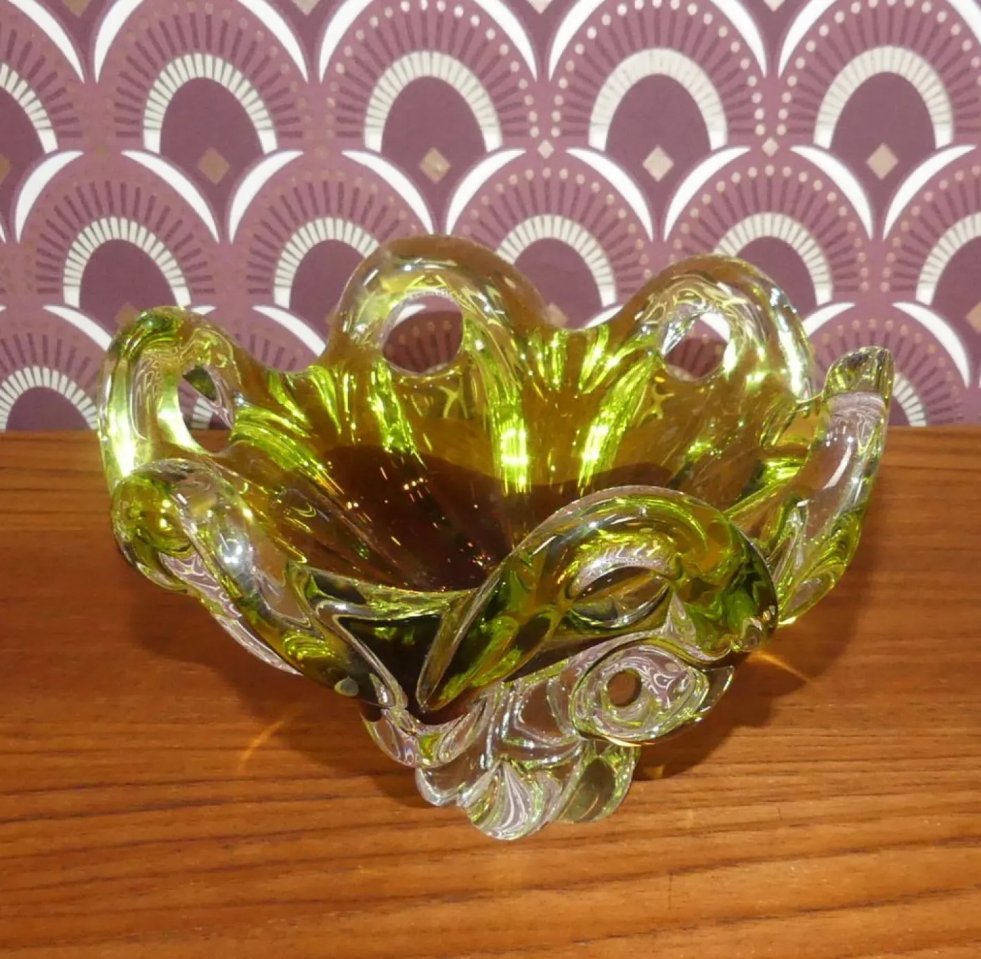 Flower Murano Glas Schale in Grün Gelb Braun, 1960er