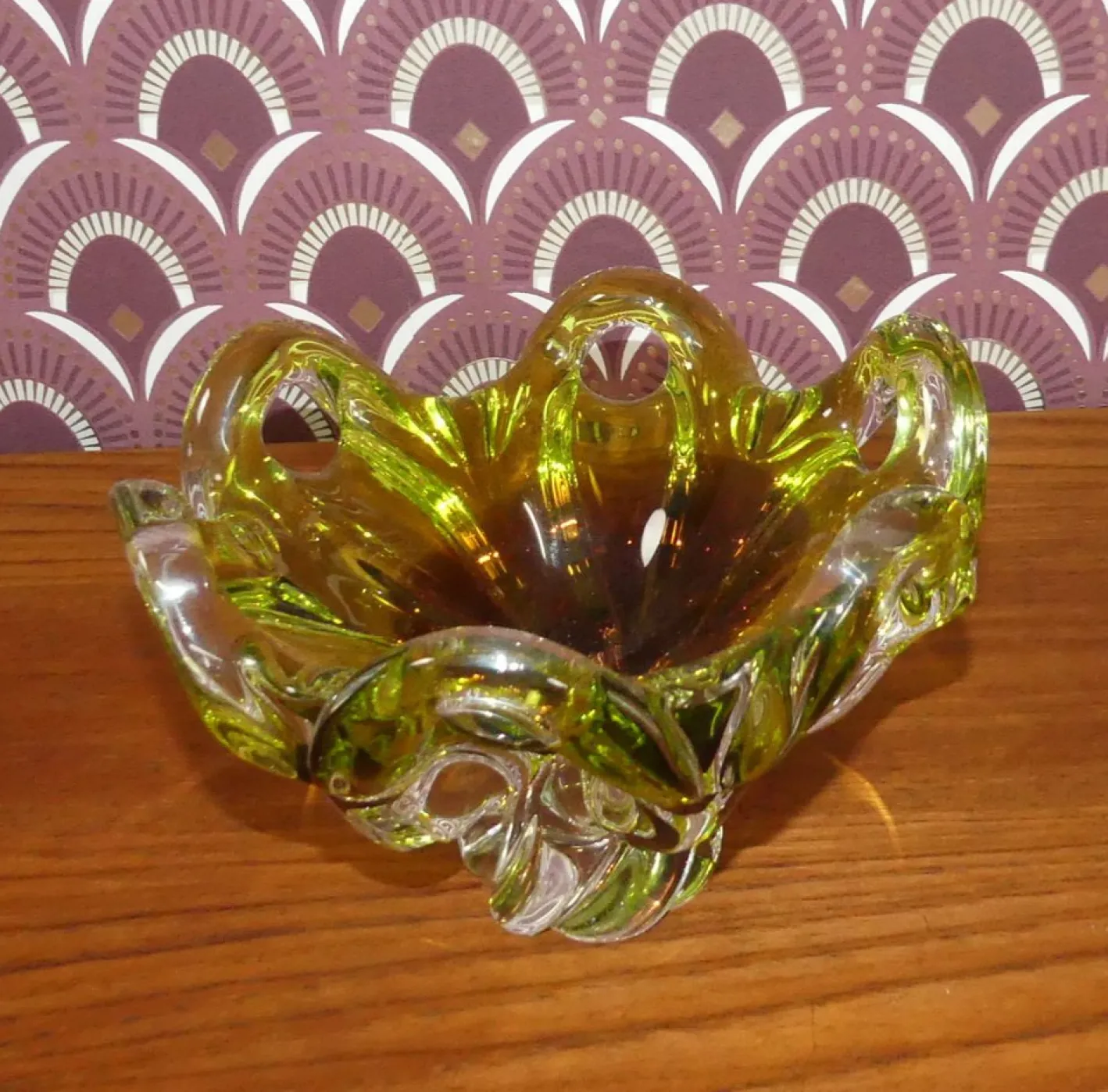 Flower Murano Glas Schale in Grün Gelb Braun, 1960er