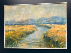 Flusslandschaft mit Bergen, 1960er, Öl auf Leinwand, gerahmt