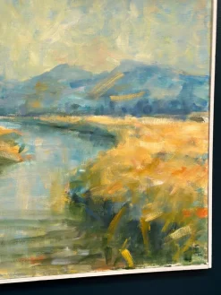 Flusslandschaft mit Bergen, 1960er, Öl auf Leinwand, gerahmt