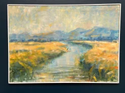 Flusslandschaft mit Bergen, 1960er, Öl auf Leinwand, gerahmt