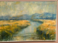 Flusslandschaft mit Bergen, 1960er, Öl auf Leinwand, gerahmt