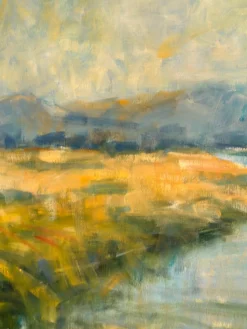 Flusslandschaft mit Bergen, 1960er, Öl auf Leinwand, gerahmt