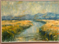 Flusslandschaft mit Bergen, 1960er, Öl auf Leinwand, gerahmt