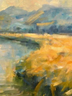 Flusslandschaft mit Bergen, 1960er, Öl auf Leinwand, gerahmt