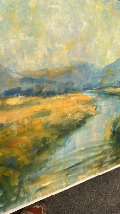 Flusslandschaft mit Bergen, 1960er, Öl auf Leinwand, gerahmt