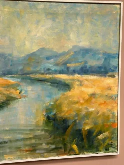 Flusslandschaft mit Bergen, 1960er, Öl auf Leinwand, gerahmt