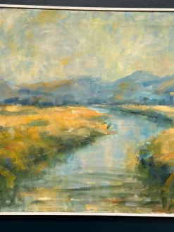 Flusslandschaft mit Bergen, 1960er, Öl auf Leinwand, gerahmt