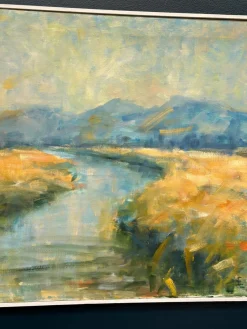 Flusslandschaft mit Bergen, 1960er, Öl auf Leinwand, gerahmt