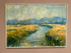 Flusslandschaft mit Bergen, 1960er, Öl auf Leinwand, gerahmt