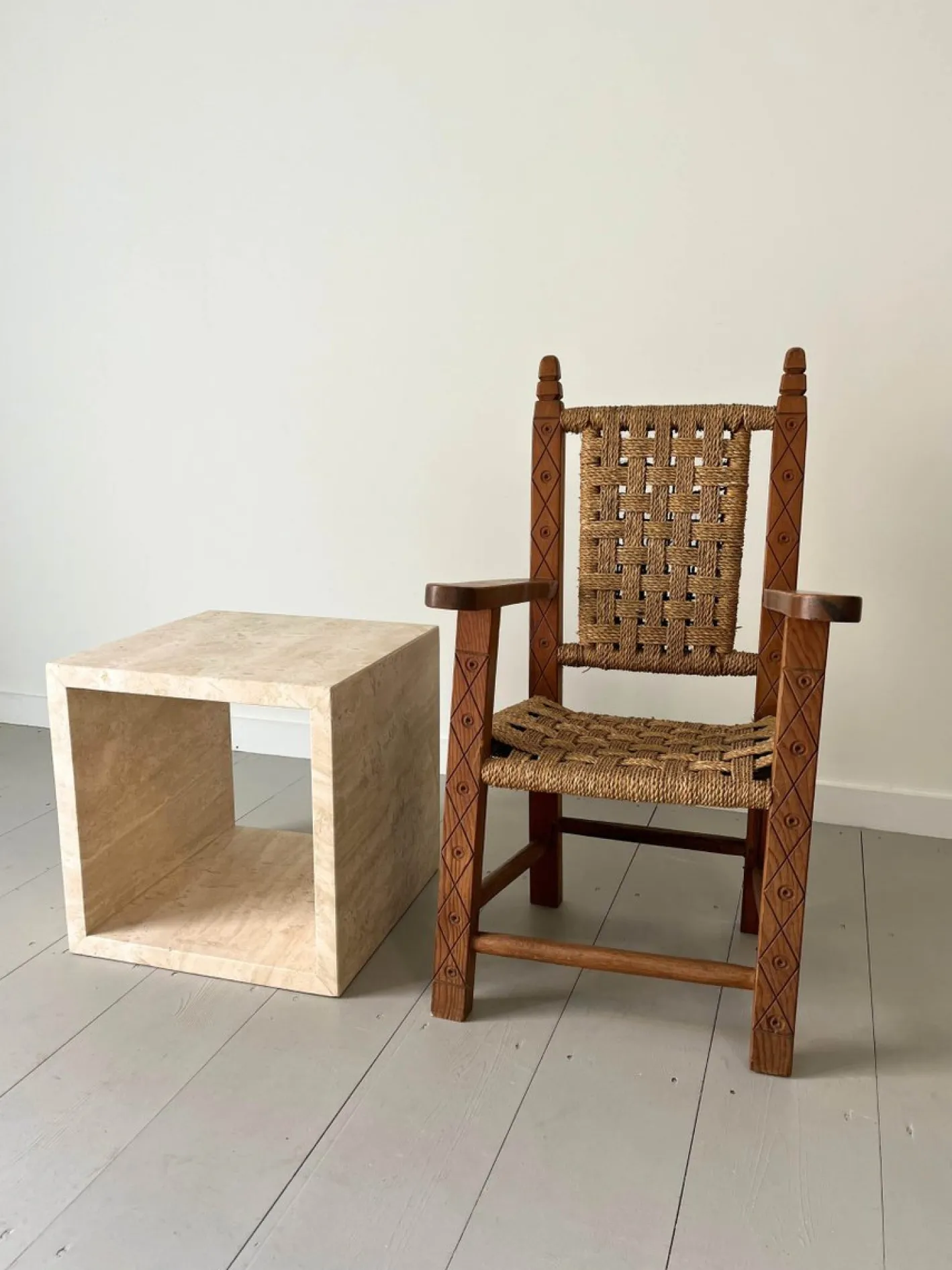 Folk Art Kinderstuhl aus Holz & Seil, 1900er