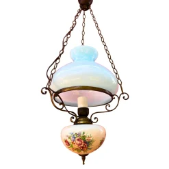 Französische Blaue Opalglas Hängelampe mit Floralem Dekor aus Messing & Opalglas, 1940er