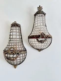 Französische Korb Wandleuchten aus Bronze & Kristallglas im Empire Stil, 1920er, 2er Set