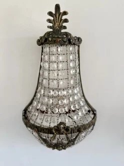 Französische Korb Wandleuchten aus Bronze & Kristallglas im Empire Stil, 1920er, 2er Set