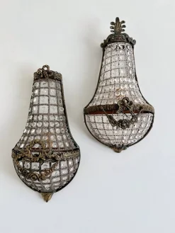 Französische Korb Wandleuchten aus Bronze & Kristallglas im Empire Stil, 1920er, 2er Set