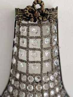 Französische Korb Wandleuchten aus Bronze & Kristallglas im Empire Stil, 1920er, 2er Set