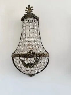 Französische Korb Wandleuchten aus Bronze & Kristallglas im Empire Stil, 1920er, 2er Set