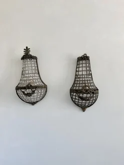 Französische Korb Wandleuchten aus Bronze & Kristallglas im Empire Stil, 1920er, 2er Set