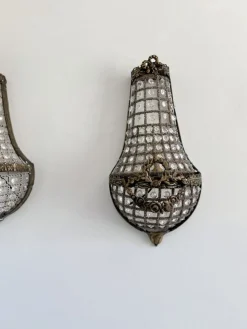 Französische Korb Wandleuchten aus Bronze & Kristallglas im Empire Stil, 1920er, 2er Set