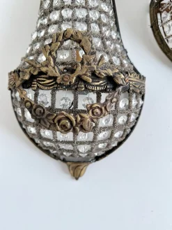 Französische Korb Wandleuchten aus Bronze & Kristallglas im Empire Stil, 1920er, 2er Set