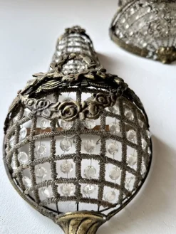 Französische Korb Wandleuchten aus Bronze & Kristallglas im Empire Stil, 1920er, 2er Set