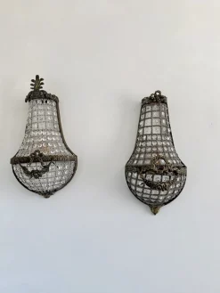 Französische Korb Wandleuchten aus Bronze & Kristallglas im Empire Stil, 1920er, 2er Set