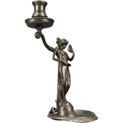 Französischer Jugendstil Kerzenständer aus Zinn mit Lady Skulptur, 1920er