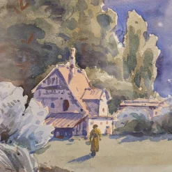 Französischer Künstler, Landschaft in Blau, 1980er, Aquarell