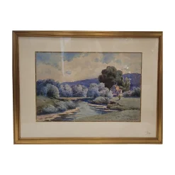 Französischer Künstler, Landschaft in Blau, 1980er, Aquarell