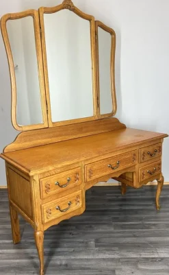 Französischer Vintage Frisiertisch aus Eiche im Louis-Stil mit Spiegel