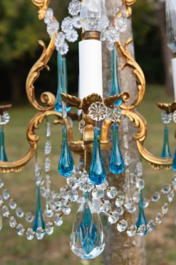 Französischer Vintage Kronleuchter mit Bronzetropfen in Murano Blau, 1950er