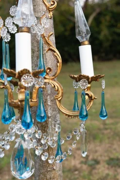 Französischer Vintage Kronleuchter mit Bronzetropfen in Murano Blau, 1950er