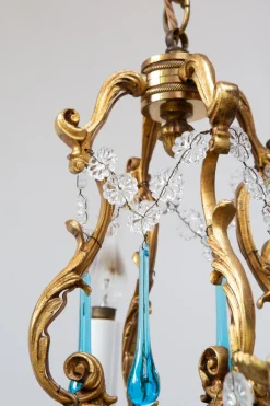 Französischer Vintage Kronleuchter mit Bronzetropfen in Murano Blau, 1950er