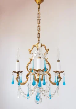 Französischer Vintage Kronleuchter mit Bronzetropfen in Murano Blau, 1950er