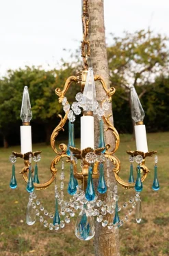 Französischer Vintage Kronleuchter mit Bronzetropfen in Murano Blau, 1950er