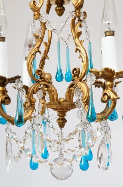 Französischer Vintage Kronleuchter mit Bronzetropfen in Murano Blau, 1950er