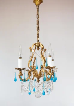Französischer Vintage Kronleuchter mit Bronzetropfen in Murano Blau, 1950er