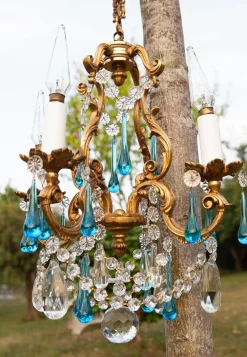 Französischer Vintage Kronleuchter mit Bronzetropfen in Murano Blau, 1950er
