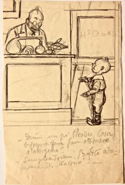 Gabriele Galantara, Child and Chemistry, Frühes 20. Jh., Tinte und Bleistift auf Papier