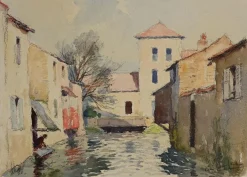 Gautier René Georges, Häuser am Fluss, Aquarell, Mitte des 20. Jh