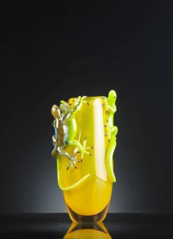 Gelbe Große Glasvase mit 3 Geckos von VG Design & Laboratory Department