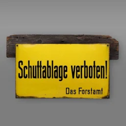 Gelb emailliertes deutsches Vintage Schild, 1900