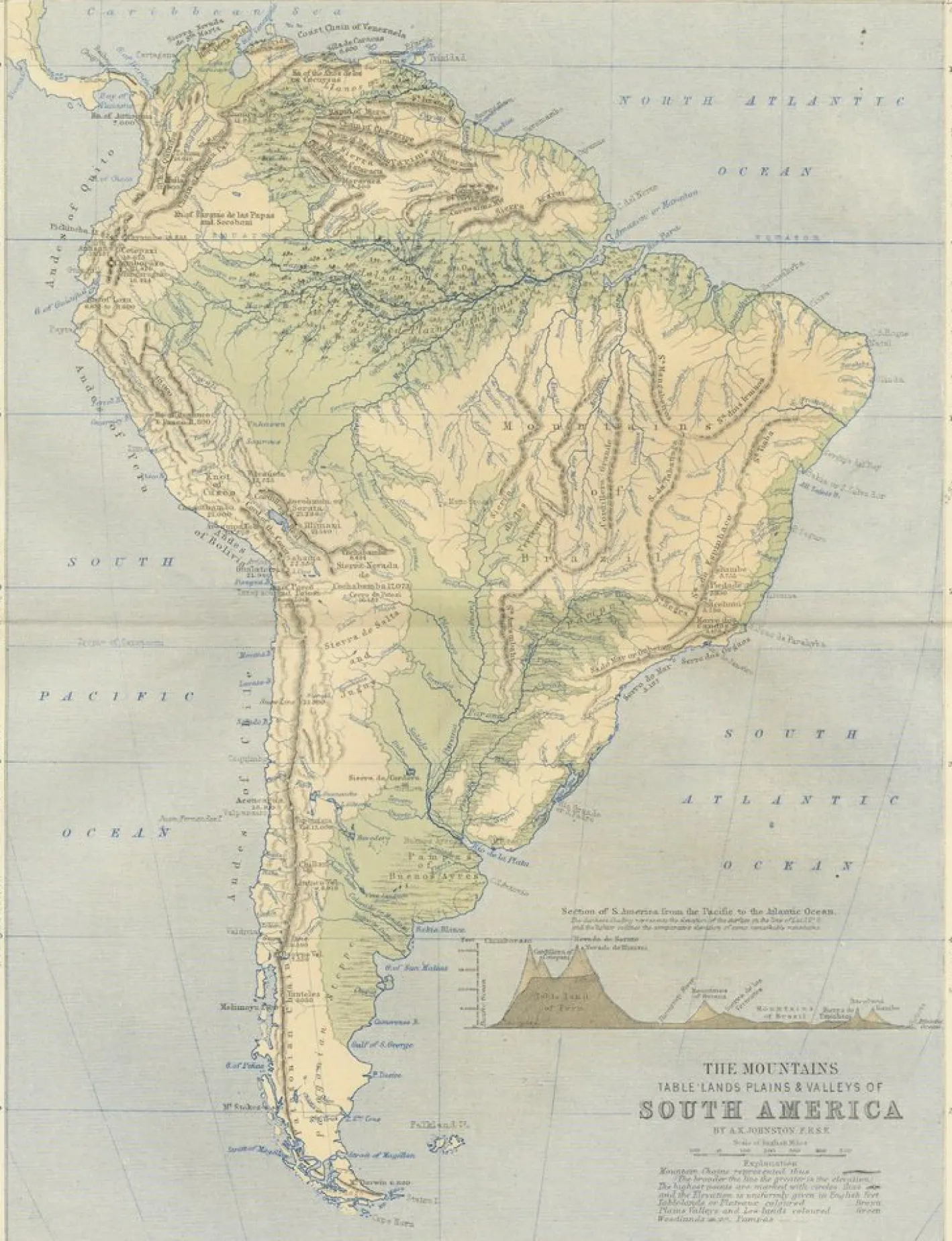 Geologische Karte der südamerikanischen Berge und Täler von AK Johnston, 1852