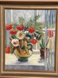 Gerda Tougaard, Blumenstillleben, 1960er, Öl auf Holz, gerahmt